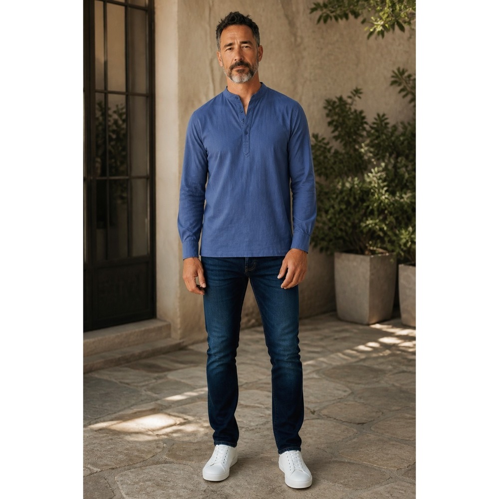 Coofandy Mens Band Collar Henley Shirt Blue 3XL Long Sleeve Cotton Casual Woven - Picture 6 of 7